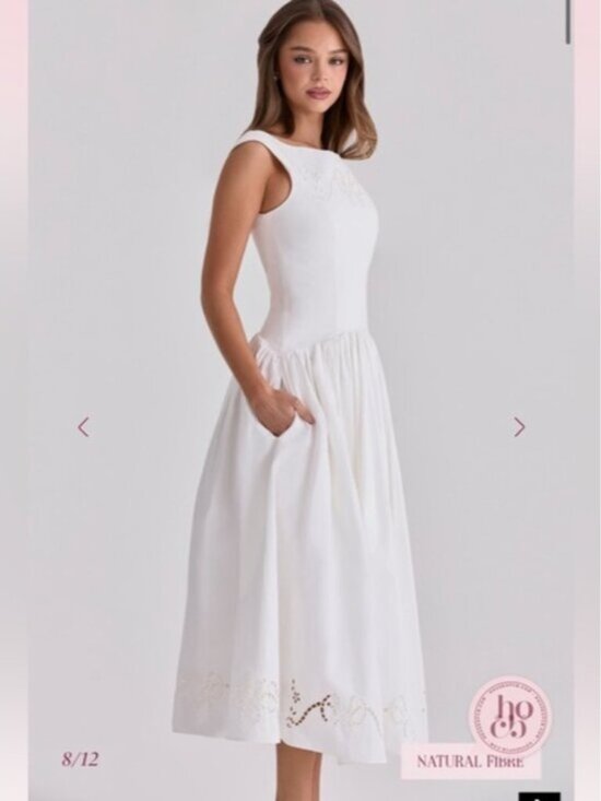 House of CB • Lauren Off-Shoulder White Midi Dress with Eyelet Hem - Picture 4 of 9